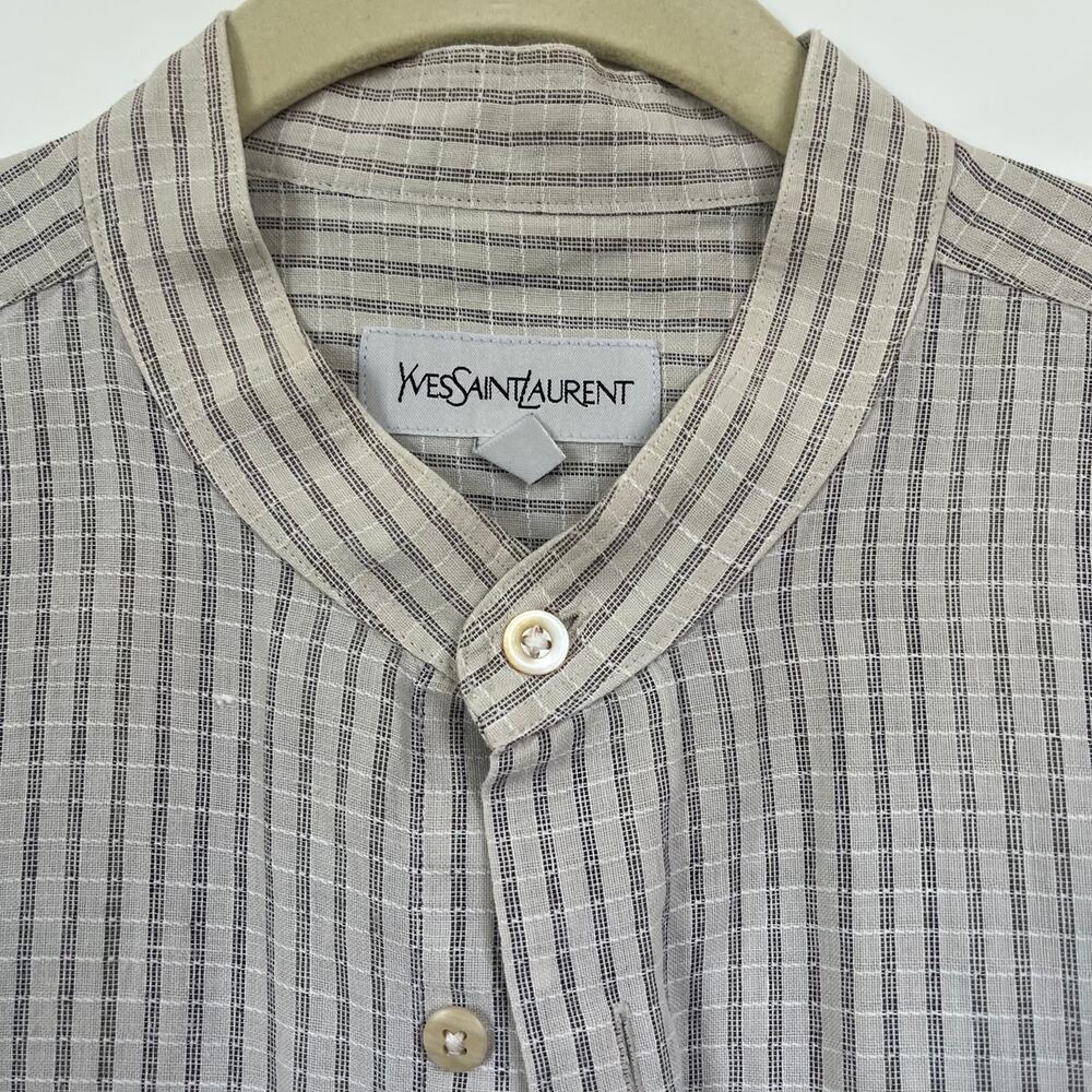 Vintage Yves Saint Laurent Mens Banded Collar Shirt Beige Striped Long Sleeve